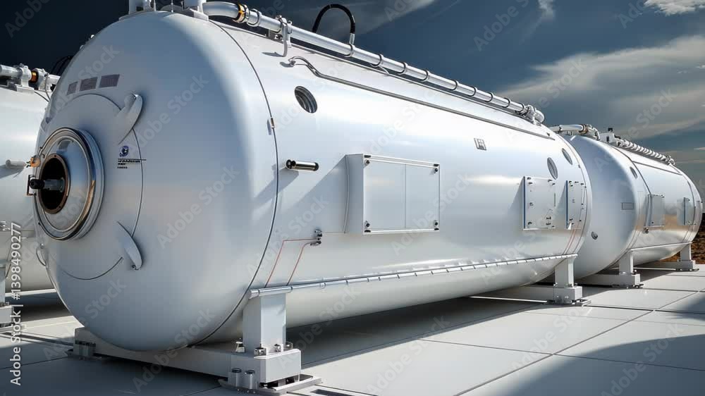 A white industrial pressure vessel in a factory, standing in a vast open space with clear blue skies. A white industrial pressure vessel in a factory, standing in a vast open space with clear blue skies.