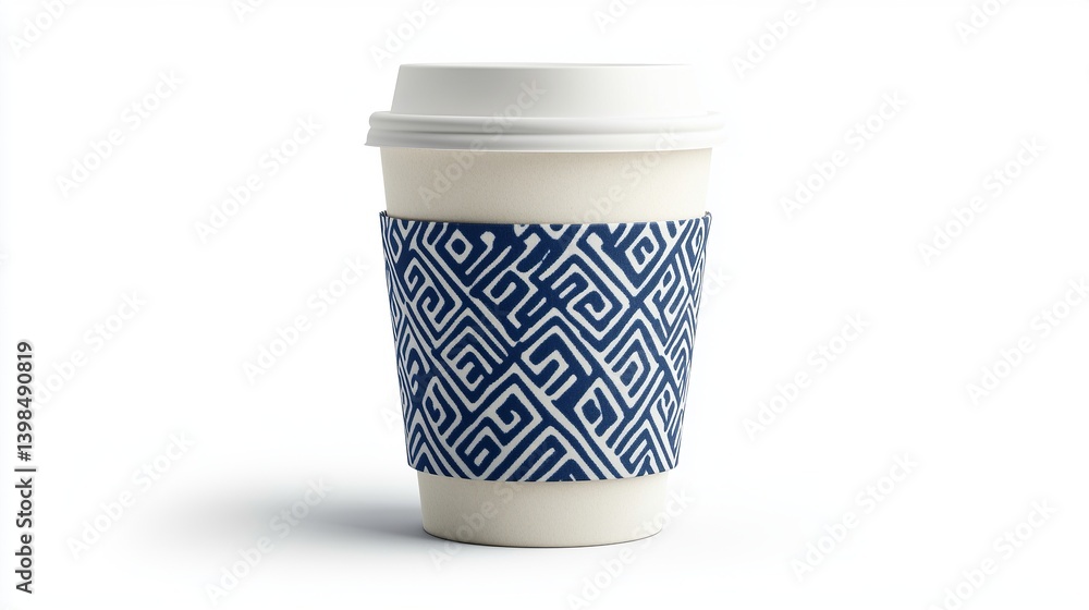 Stylish disposable coffee cup with blue geometric design. Perfect for trendy cafes and coffee lovers. Great for takeout drinks. Generative AI