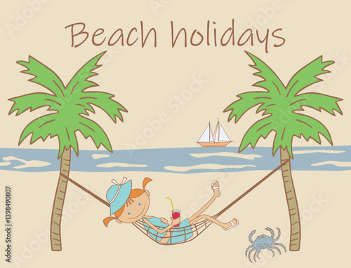 One little cute cartoon girl relaxing in hammock under palm trees on beach vacation in summer day, vector illustration