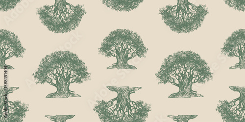 Seamless pattern of drawn oak trees silhouettes, vector background, paper, fabric, wrapper