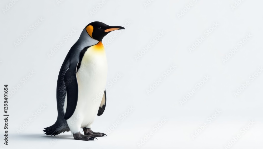 Fototapeta premium Cute emperor penguin standing alone on clean white backdrop, Snow, Wildlife