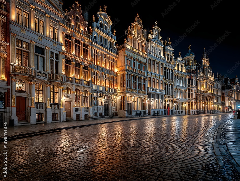 Fototapeta premium Brussels Grand Place at Night: A mesmerizing night view of the iconic Brussels Grand Place, illuminated by warm lights reflecting on the cobblestone streets, showcasing stunning architecture.