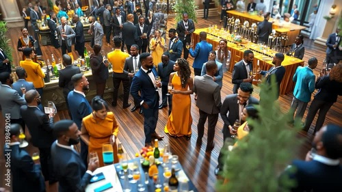 Wallpaper Mural Elegant Reception: An overhead view captures a sophisticated event where formally dressed individuals gather, conversing amidst an atmosphere of refined socializing, and elegant setting. Torontodigital.ca