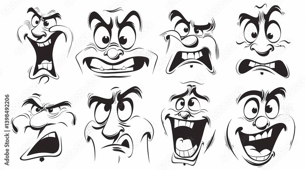 Obraz premium A funny retro cartoon character face drawing set on isolated background, Black and white vintage animation art style bundle, Generative AI illustrations.