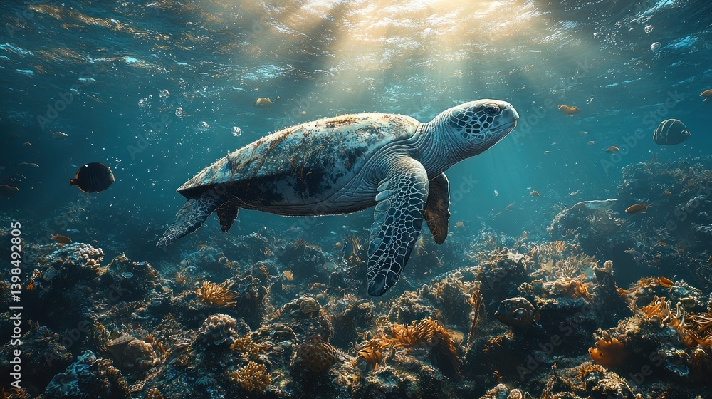 Obraz premium Majestic Sea Turtle Gracefully Navigating Vibrant Coral Reef