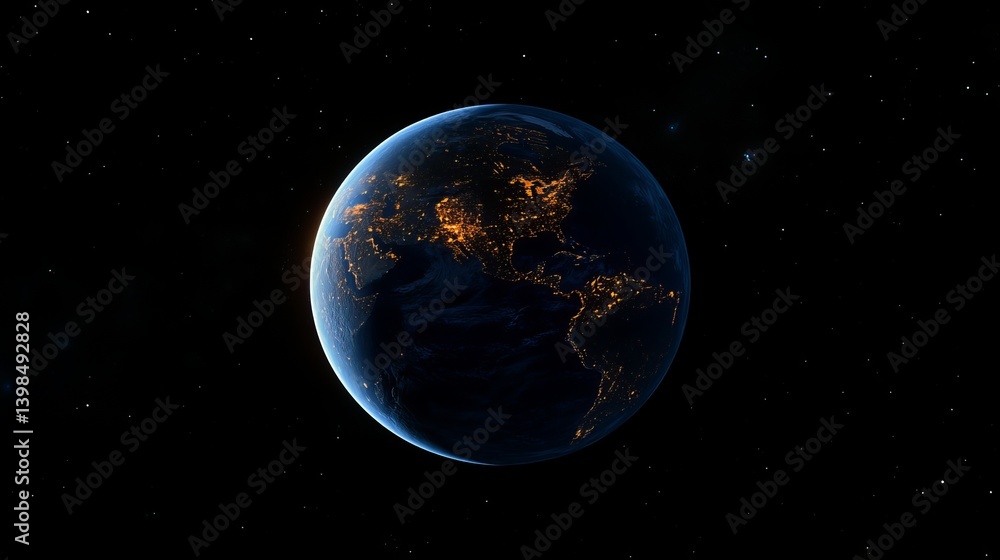Fototapeta premium A stunning satellite view of the blue planet Earth from space, showcasing the curvature of the horizon. City lights twinkle across Europe and the Middle East, highlighting vibrant urban life at night