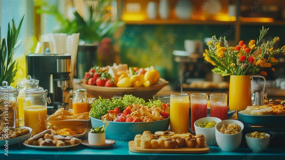 A colorful spread of delicious foods and drinks awaits on a vibrant table. Fruits, sweets, and fresh elements create a delightful atmosphere. Generative AI