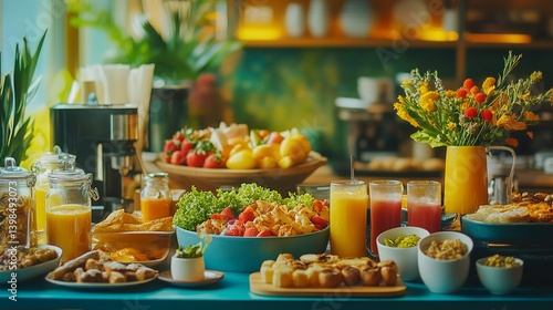 Obraz na płótnie A colorful spread of delicious foods and drinks awaits on a vibrant table. Fruits, sweets, and fresh elements create a delightful atmosphere. Generative AI w salonie
