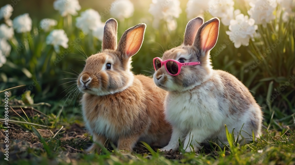 Fototapeta premium Three Cute Rabbit in Sunglasses, Playful Spring and Easter Concept.