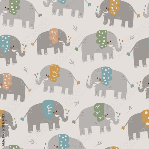 Vector seamless pattern with cute elephants.