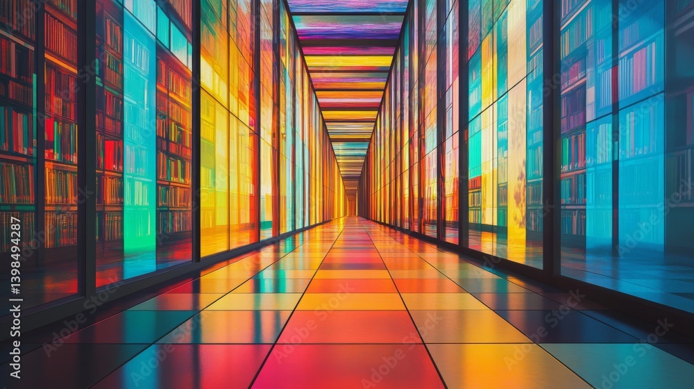 A vibrant hallway filled with colorful glass panels. Light reflects in a stunning display of colors. This image captures modern design and creativity. Generative AI