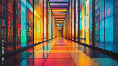 Obraz na płótnie A vibrant hallway filled with colorful glass panels. Light reflects in a stunning display of colors. This image captures modern design and creativity. Generative AI w salonie