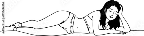 A person lying relaxed on their side with closed eyes. Line drawing illustration