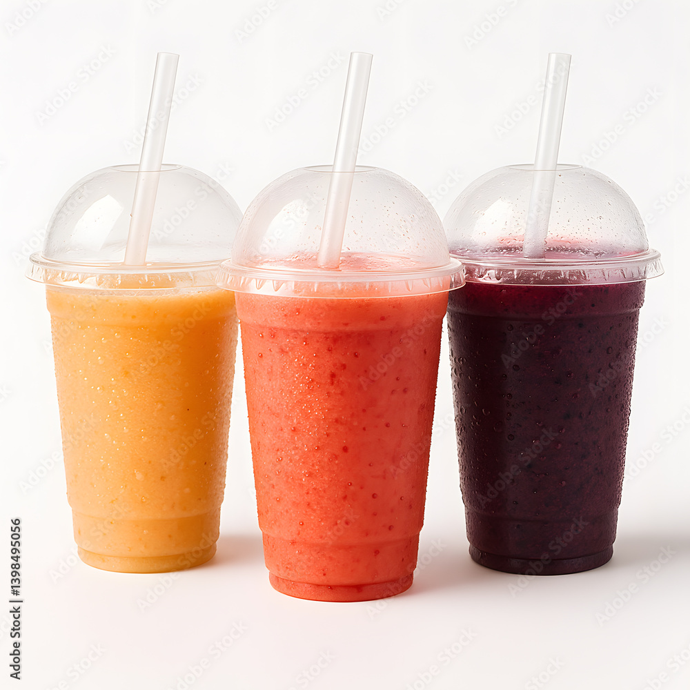 Three colorful smoothies with straws Three colorful smoothies with straws