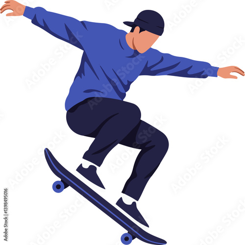 A person jumping in the mid-air on blue skateboard. Flat vector illustration