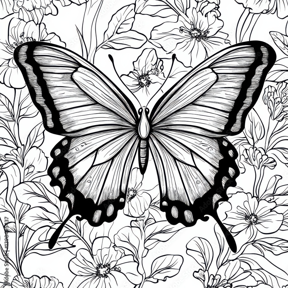 Fototapeta premium Elegant butterfly illustration with floral backdrop