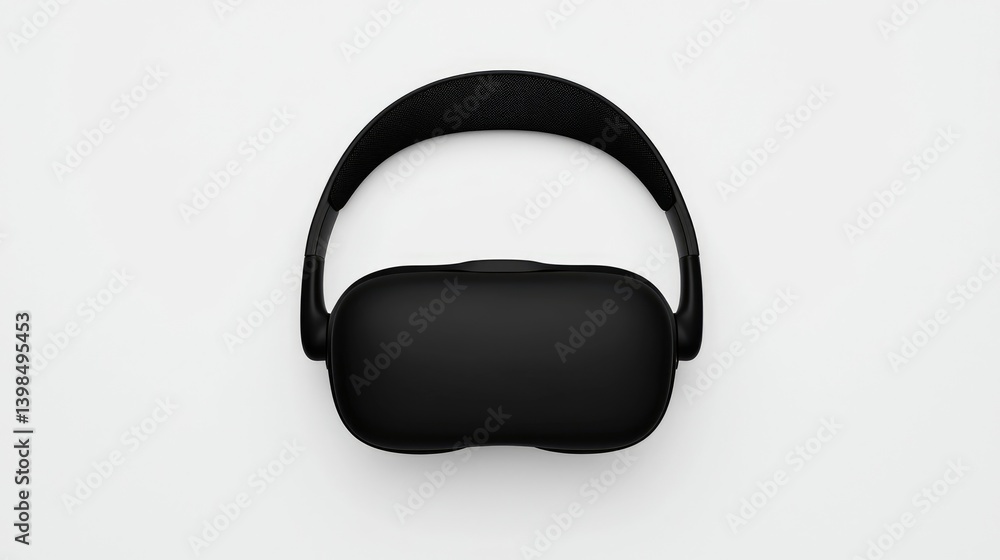 Top-down view of a sleek black VR headset. Comfortable adjustable headband encircles a compact device Top-down view of a sleek black VR headset. Comfortable adjustable headband encircles a compact device