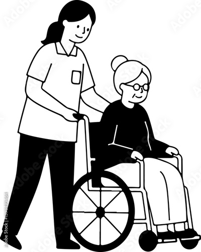 Caregiver pushing an elderly woman in a wheelchair on transparent background. Line drawing illustration