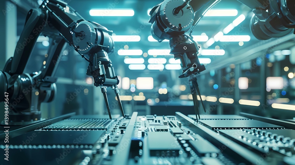 Fototapeta premium Advanced High Precision Robot Arm inside Bright Electronics Factory. Electronic Devices Production Industry, Generative AI illustrations.