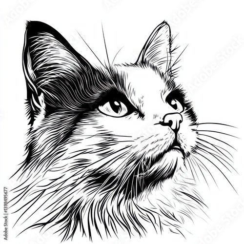 Close-up cat portrait sketch in black and white