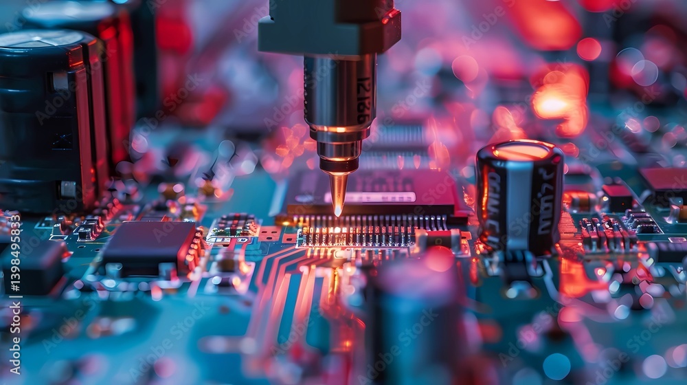 Advanced High Precision Robot Arm inside Bright Electronics Factory. Electronic Devices Production Industry, Generative AI illustrations. Advanced High Precision Robot Arm inside Bright Electronics Factory. Electronic Devices Production Industry, Generative AI illustrations.