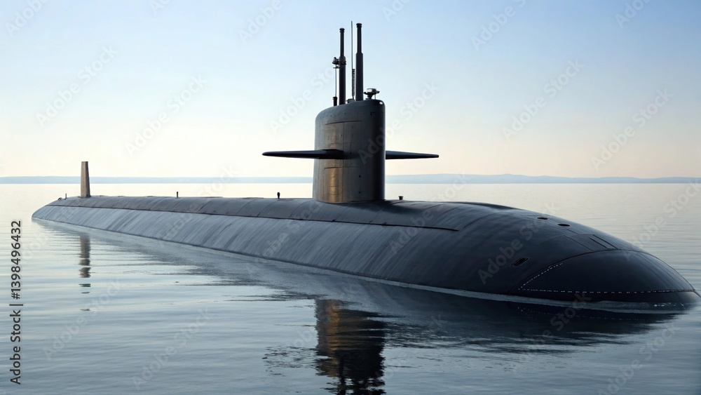 Submarine floating on calm sea surface during clear day. Military and transport concept. Design for poster and banner. Submarine floating on calm sea surface during clear day. Military and transport concept. Design for poster and banner.