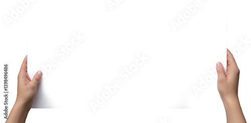 Two human hands holding a blank white sheet of paper at the sides on a transparent or white background. PNG.