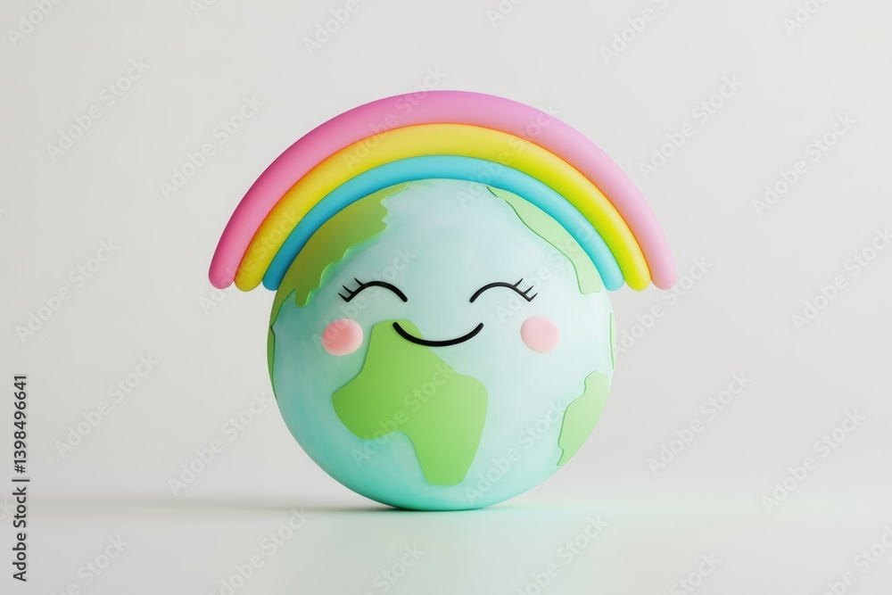 Fototapeta premium Smiling Earth with rainbow, symbolizing environmental happiness and hope for a brighter future.
