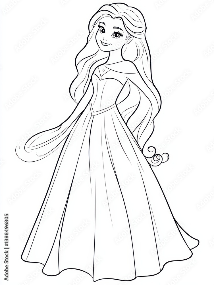 Fototapeta premium Flowing gown princess with elegant pose line drawing