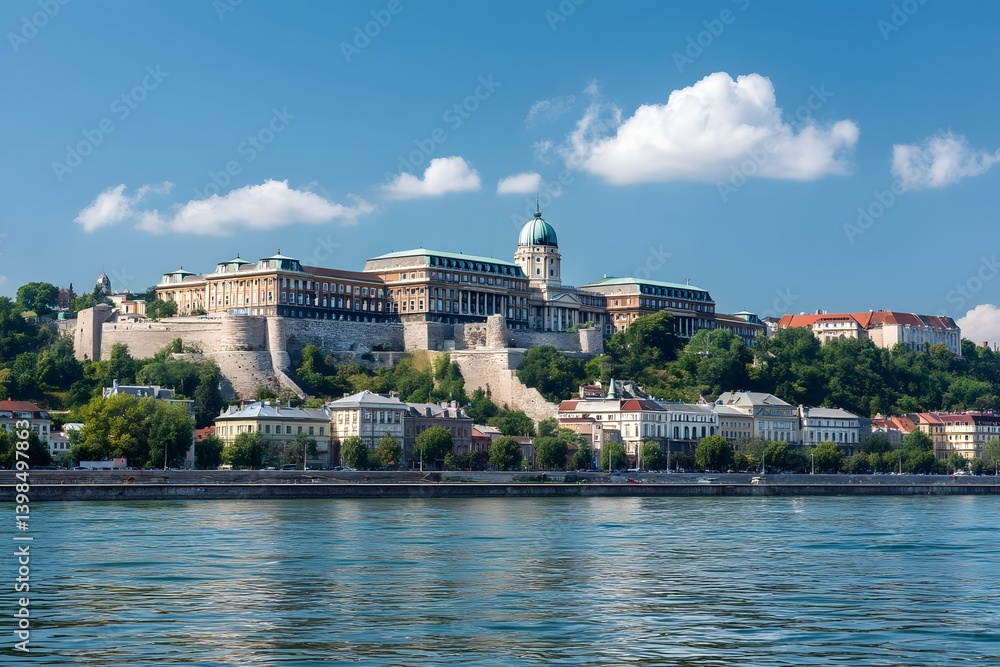 Obraz premium Budapest Castle on a Bright Day: A majestic castle stands tall overlooking the river in Budapest, its architecture beautifully contrasting with the clear blue sky and fluffy clouds on a sunny day. 