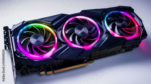 Obraz na płótnie A stunning graphics card showcasing advanced cooling technology. The vibrant RGB lights enhance its modern design. Perfect for gaming and high-performance computing. Generative AI. w salonie