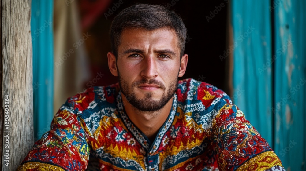 A contemplative man in a vibrant ethnic pattern shirt gazes directly at the viewer. His serious expression invites curiosity. Fashion and identity intertwine here. Generative AI.