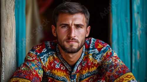 A contemplative man in a vibrant ethnic pattern shirt gazes directly at the viewer. His serious expression invites curiosity. Fashion and identity intertwine here. Generative AI.