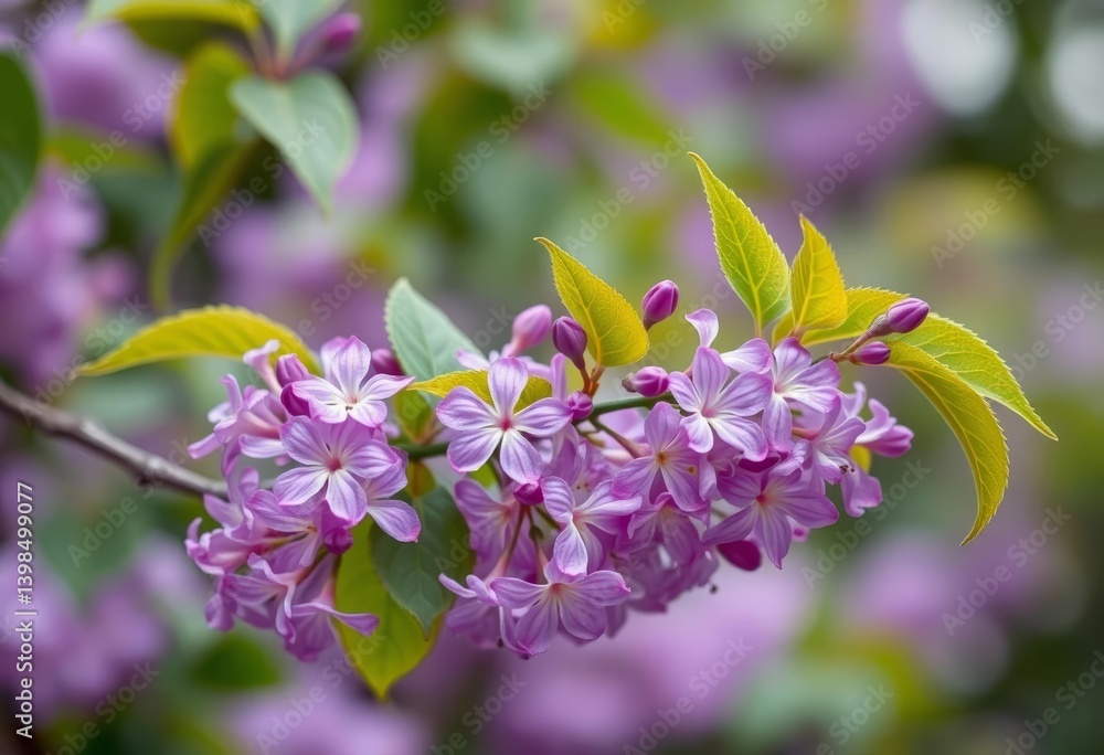 Delicate lilac branch with vibrant purple blossoms, green leaves, greenery, branch Delicate lilac branch with vibrant purple blossoms, green leaves, greenery, branch