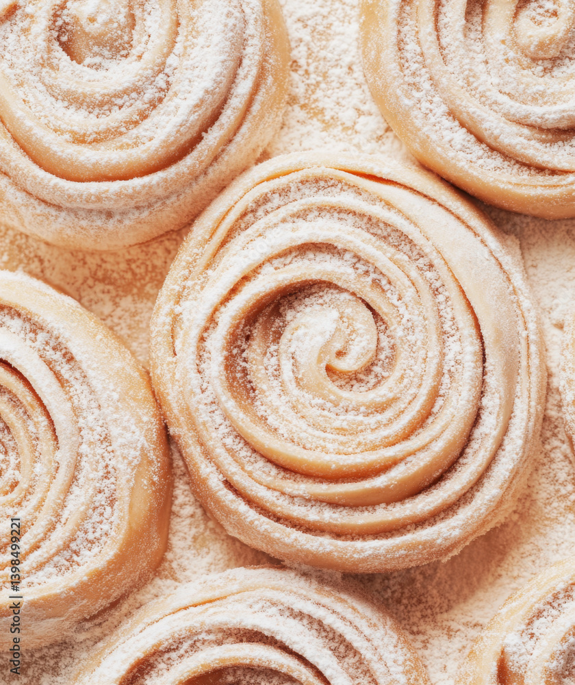 Fototapeta premium Cinnamon rolls made from dough, sprinkled with flour on white surface