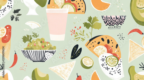 Mexican Tacos and fresh ingredients with light green background, perfect for culinary themes