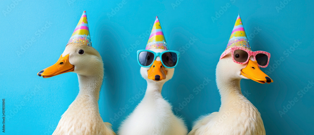 custom made wallpaper toronto digitalHappy Birthday, carnival, New Year's eve, sylvester or other festive celebration, funny animals card - gooses with party hat and sunglasses, blue background