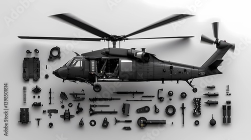 A black hawk helicopter disassembly diagram, black hawk is in the middle of the picture, black shadow is neatly placed around the multi-purpose aircraft parts, Generative AI illustrations.