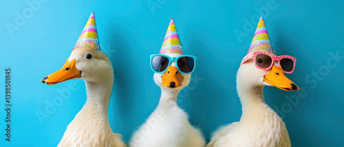Wallpaper Mural Happy Birthday, carnival, New Year's eve, sylvester or other festive celebration, funny animals card - gooses with party hat and sunglasses, blue background Torontodigital.ca