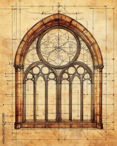 Architectural blueprint of a gothic arched window with intricate tracery in a vintage style.