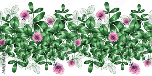 Watercolor seamless pattern with flowers and leaves of red clover