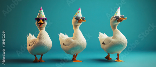 Fototapeta Naklejka Na Ścianę i Meble -  Happy Birthday, carnival, New Year's eve, sylvester or other festive celebration, funny animals card - gooses with party hat and sunglasses, blue background