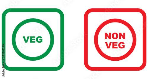 Veg and non-veg food icon dots. Vegetarian and non-vegetarian symbols. Green dot and red stroke in squares. Vegan and non-vegan food labels. Vector illustration.