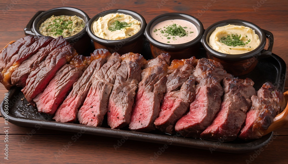 Sliced Steak with Dips on Tray Sliced Steak with Dips on Tray