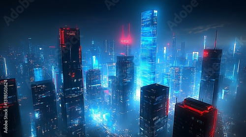 A futuristic city skyline bathed in vibrant neon lights at night.