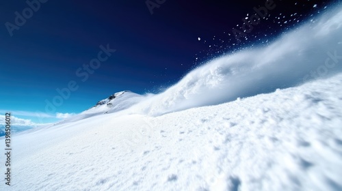 High-altitude snow-filled mountain slope,  powerful snowdrift