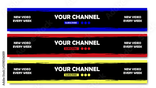 Set of colorful banners YouTube channel Horizontal banner with three different color combinations Blue, Red and Yellow. social media banner design. vector template