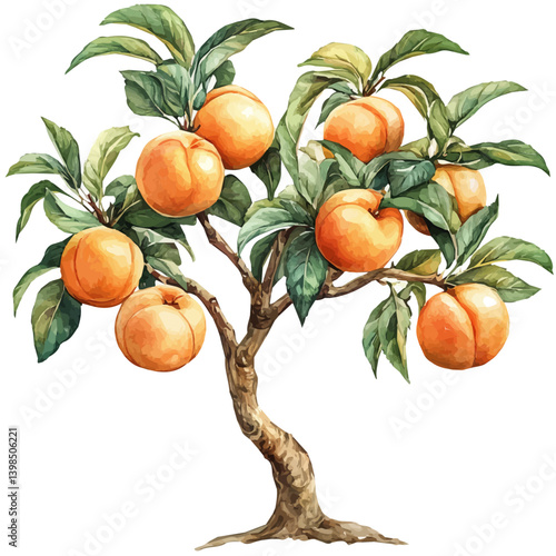 Peach tree, watercolor illustration, isolated on a white background.


