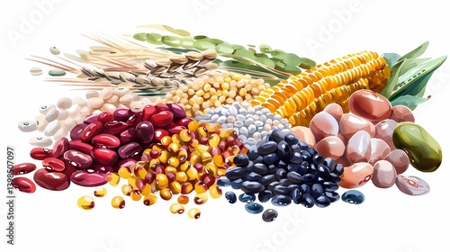An illustration of Chinese grains, including soybeans, mung beans, millet, red beans, white kidney beans, red kidney beans, black beans, corn kernels, white background, Generative AI illustrations.