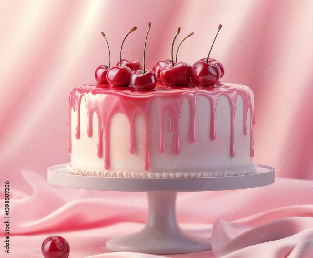Cherry almond cake with pink frosting and fresh cherries on a pink satin background
Cherry almond cake with pink frosting and fresh cherries on a pink satin background